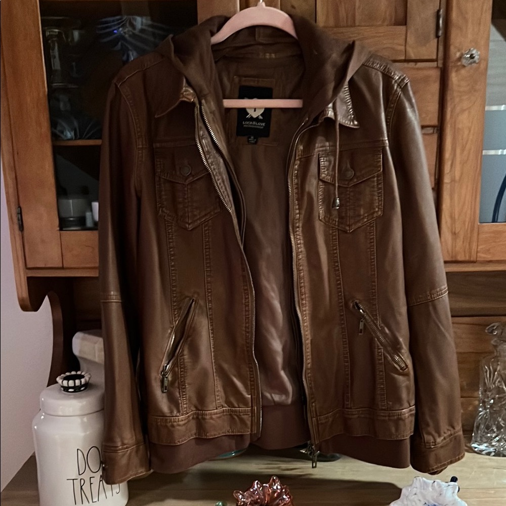 Brown Faux Leather Jacket with Hood